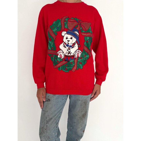 90s vintage red christmas wreath teddy bear graphic acrylic pullover sweater - Picture 2 of 8